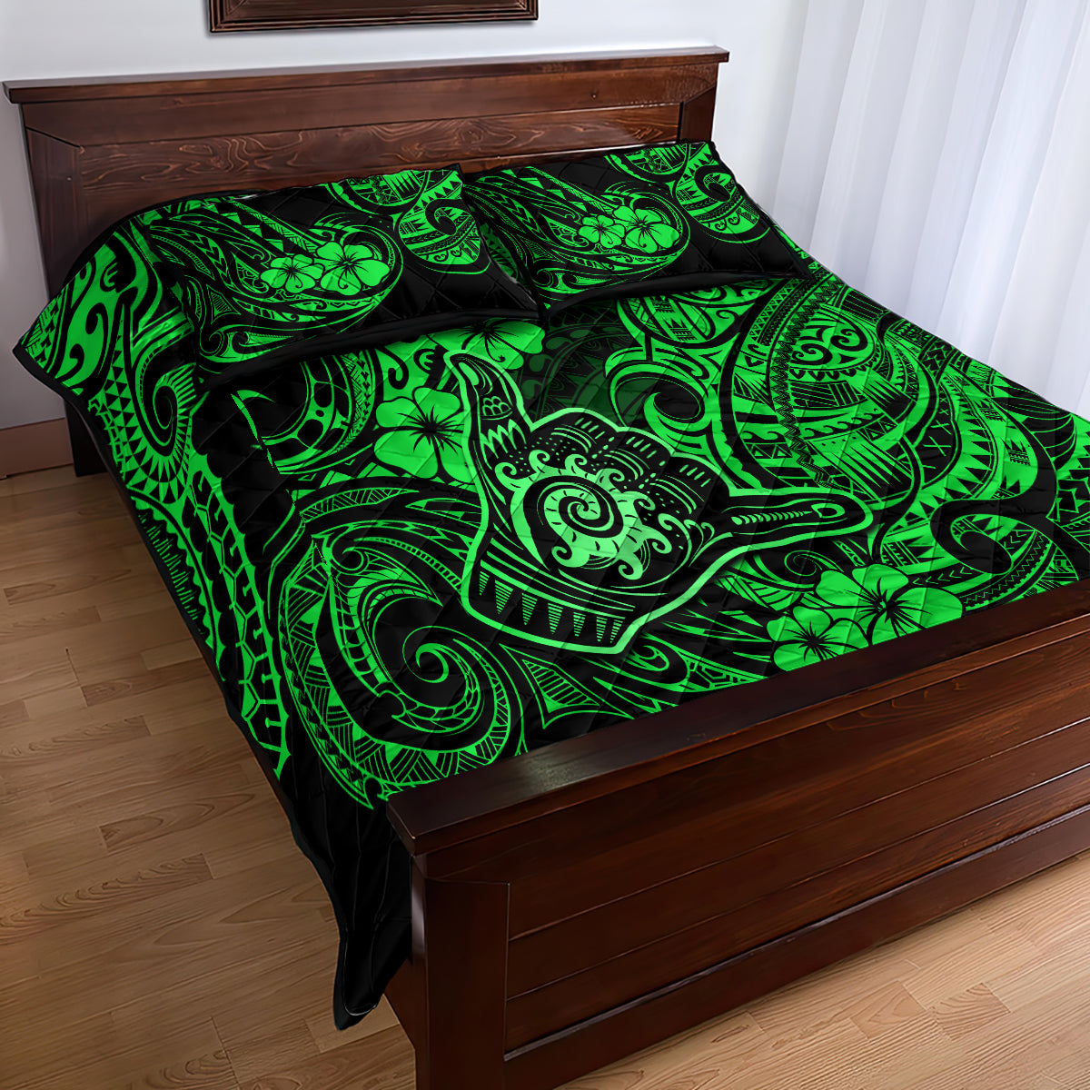 Hawaii Shaka Sign Quilt Bed Set With Polynesian Hibiscus Green Unique - Wonder Print Shop