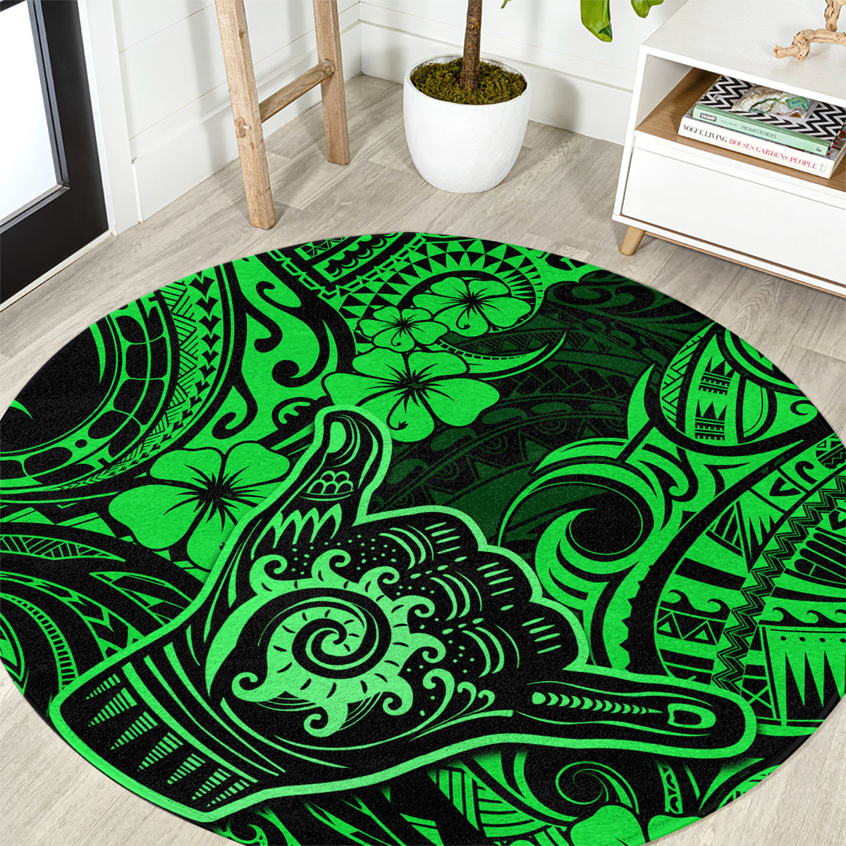 hawaii-shaka-sign-round-carpet-with-polynesian-hibiscus-green-unique
