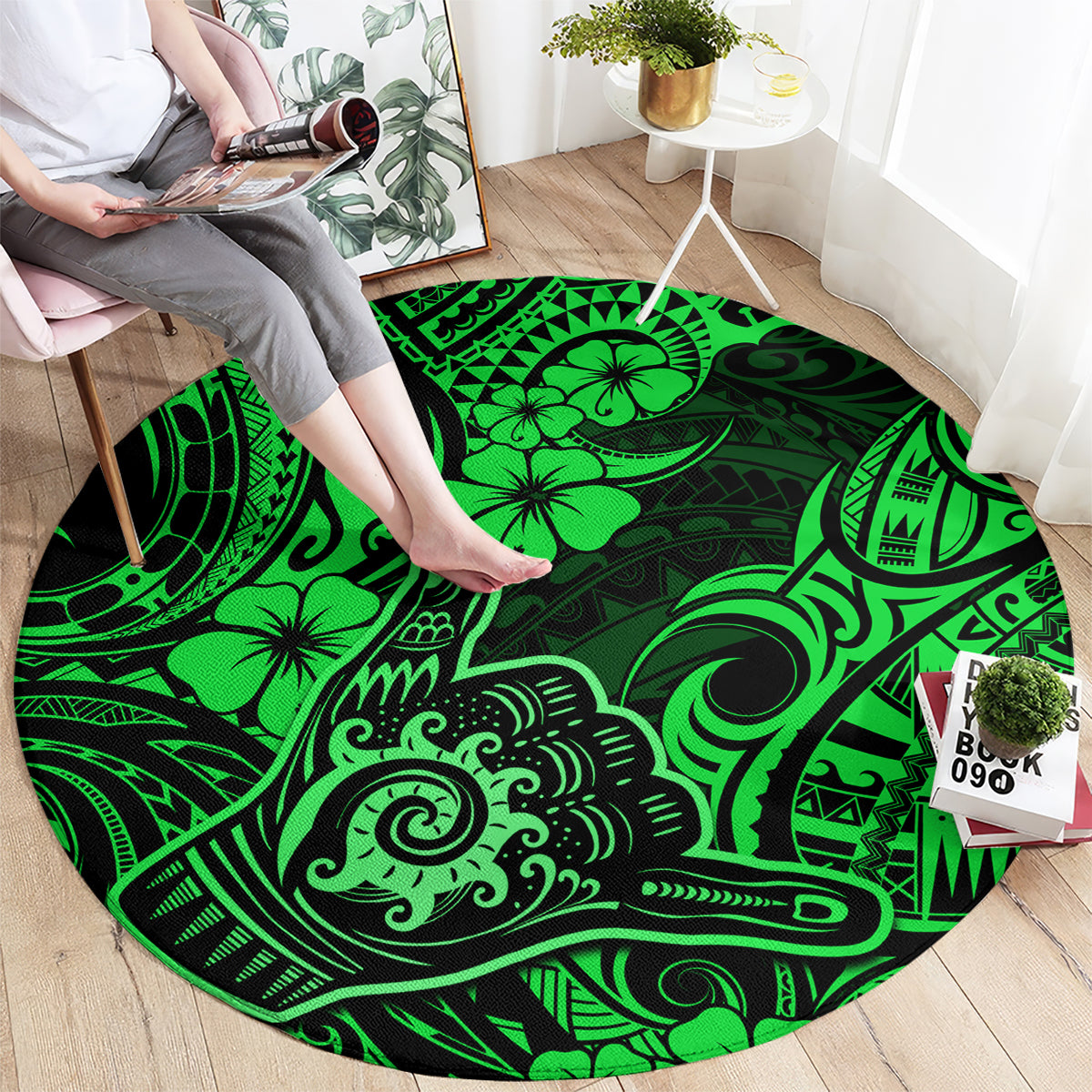 hawaii-shaka-sign-round-carpet-with-polynesian-hibiscus-green-unique