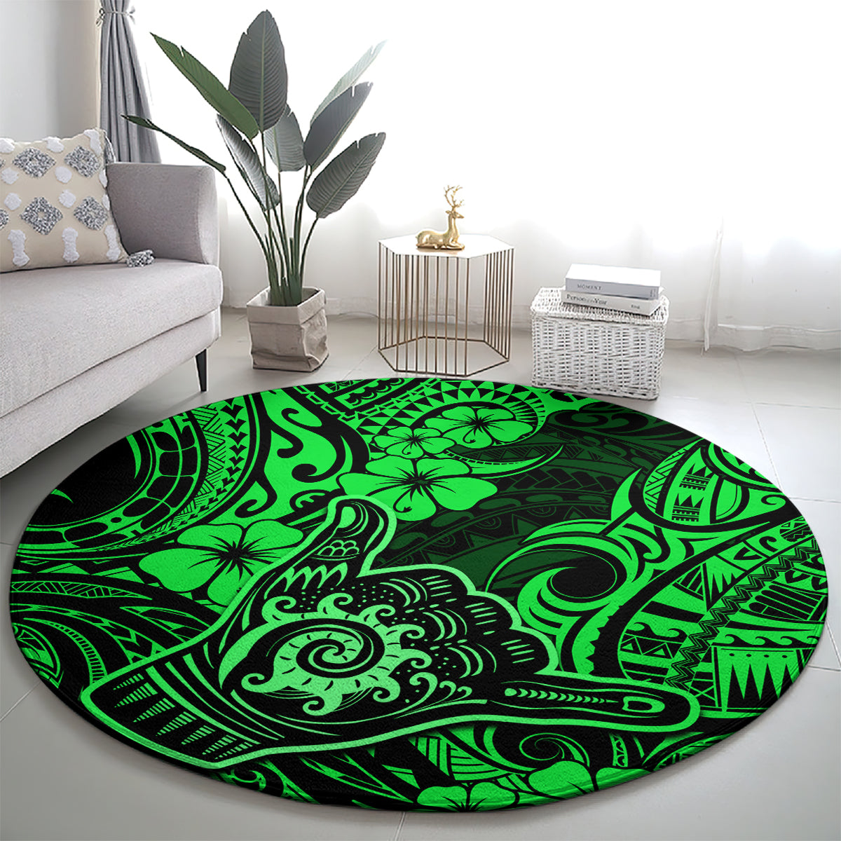 hawaii-shaka-sign-round-carpet-with-polynesian-hibiscus-green-unique