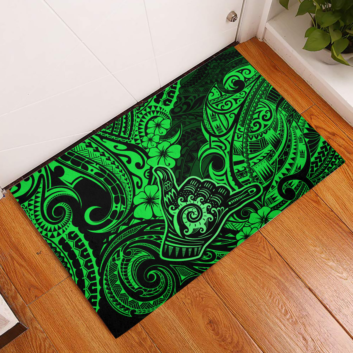 Hawaii Shaka Sign Rubber Doormat With Polynesian Hibiscus Green Unique - Wonder Print Shop