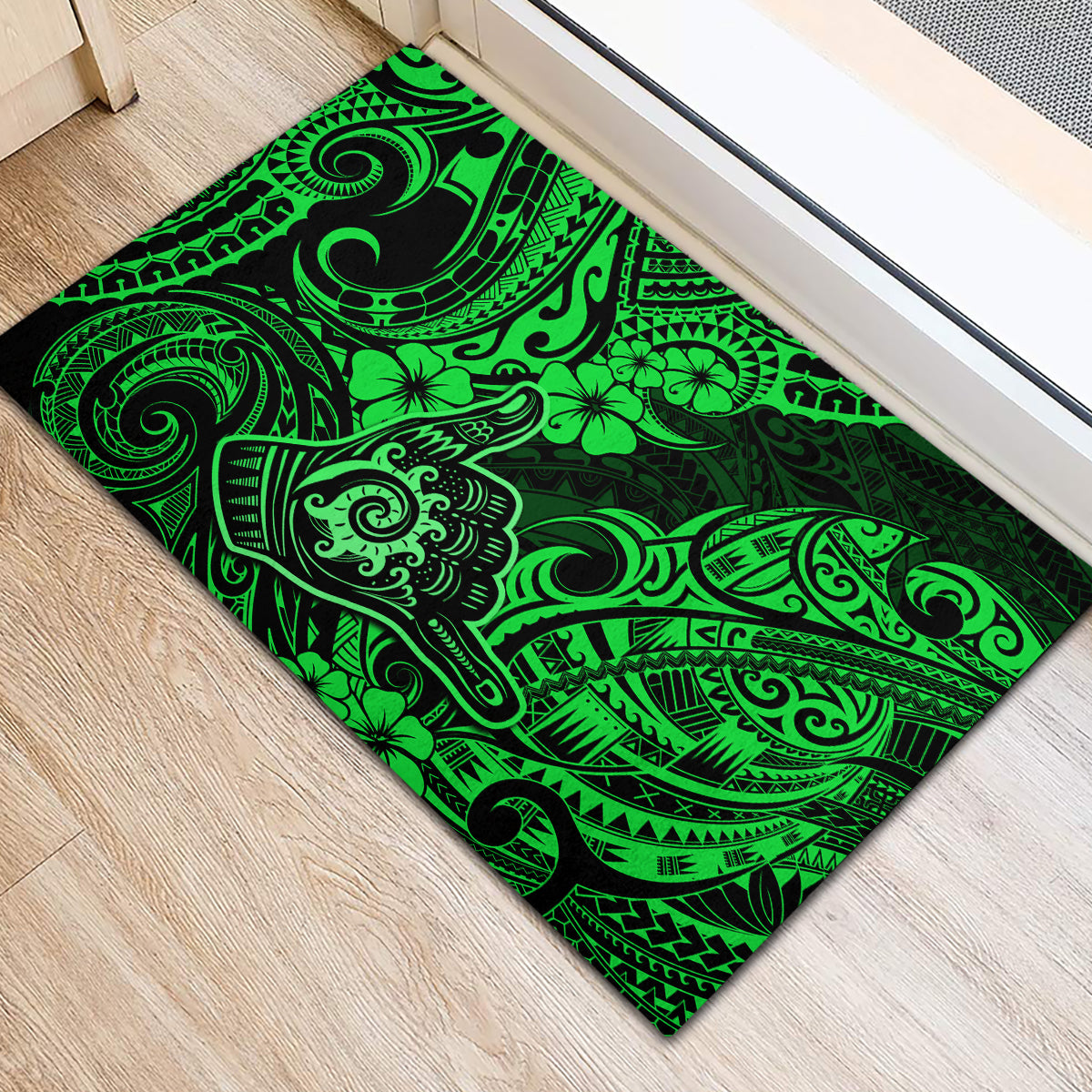 Hawaii Shaka Sign Rubber Doormat With Polynesian Hibiscus Green Unique - Wonder Print Shop