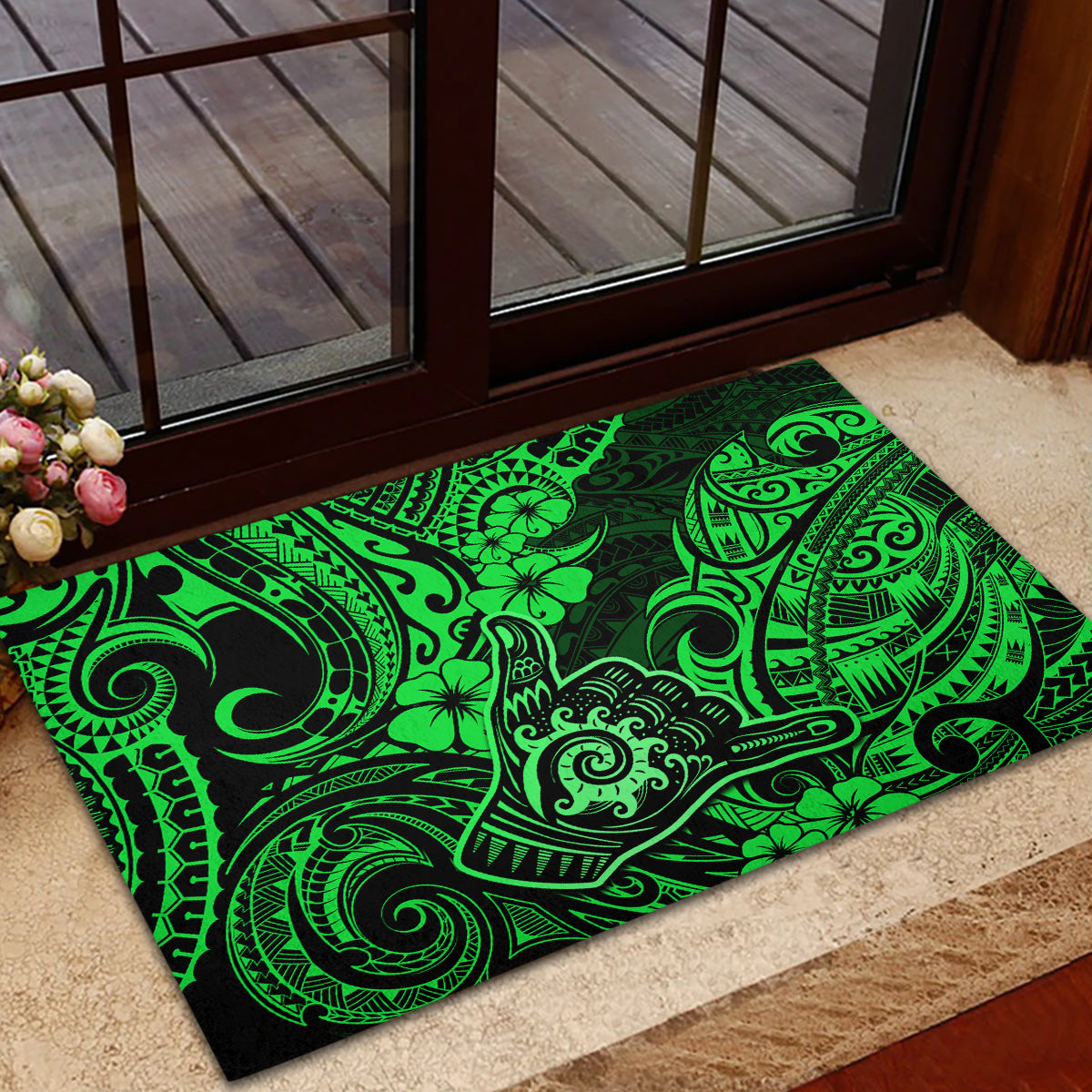Hawaii Shaka Sign Rubber Doormat With Polynesian Hibiscus Green Unique - Wonder Print Shop