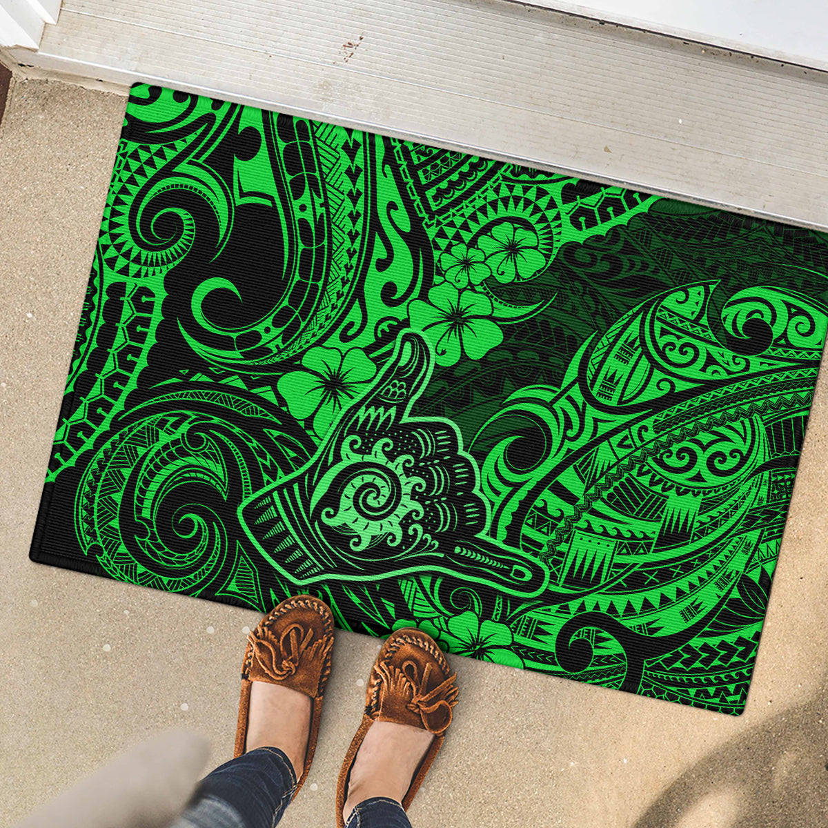 Hawaii Shaka Sign Rubber Doormat With Polynesian Hibiscus Green Unique - Wonder Print Shop