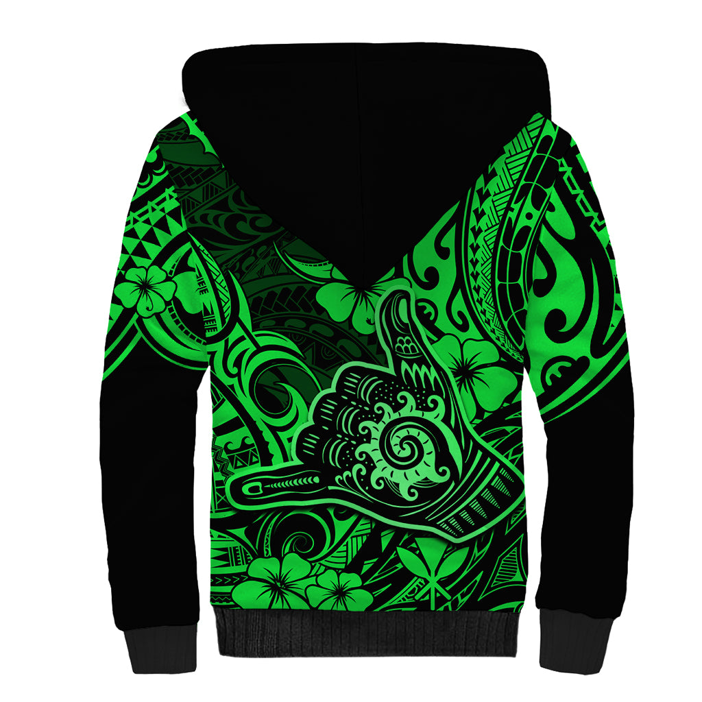 Hawaii Shaka Sign Sherpa Hoodie With Polynesian Hibiscus Green Unique - Wonder Print Shop