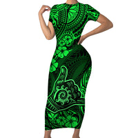 Hawaii Shaka Sign Short Sleeve Bodycon Dress With Polynesian Hibiscus Green Unique - Wonder Print Shop