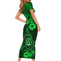 Hawaii Shaka Sign Short Sleeve Bodycon Dress With Polynesian Hibiscus Green Unique - Wonder Print Shop