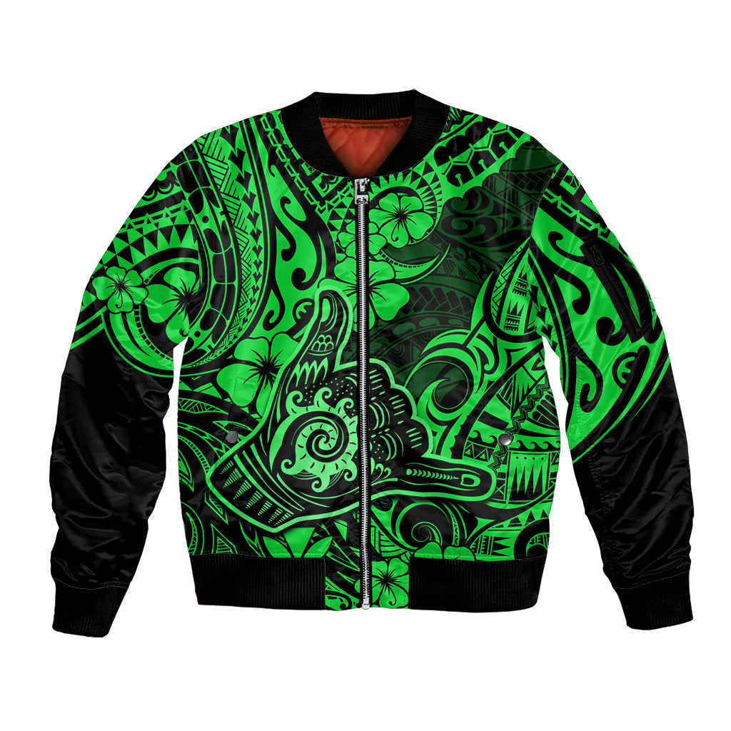 Hawaii Shaka Sign Sleeve Zip Bomber Jacket With Polynesian Hibiscus Green Unique - Wonder Print Shop