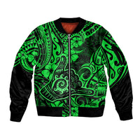 Hawaii Shaka Sign Sleeve Zip Bomber Jacket With Polynesian Hibiscus Green Unique - Wonder Print Shop