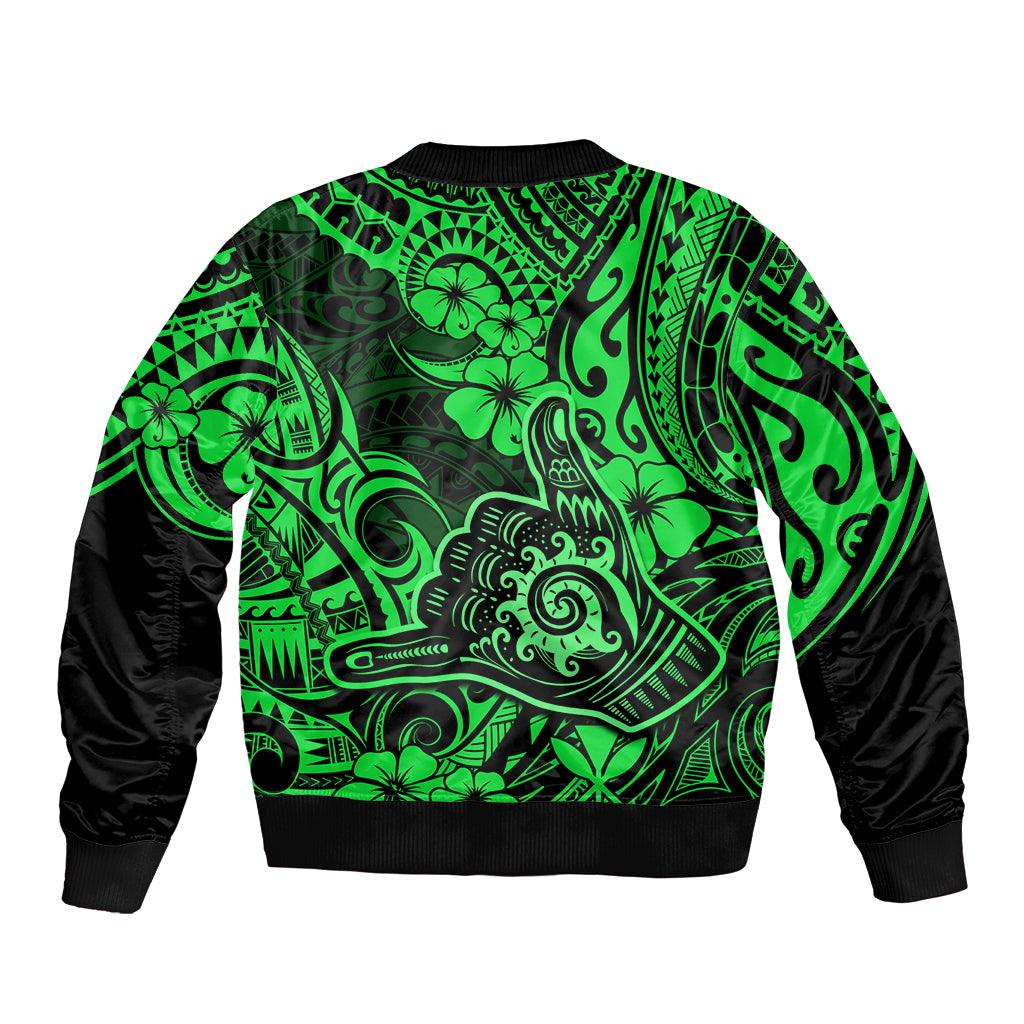 Hawaii Shaka Sign Sleeve Zip Bomber Jacket With Polynesian Hibiscus Green Unique - Wonder Print Shop