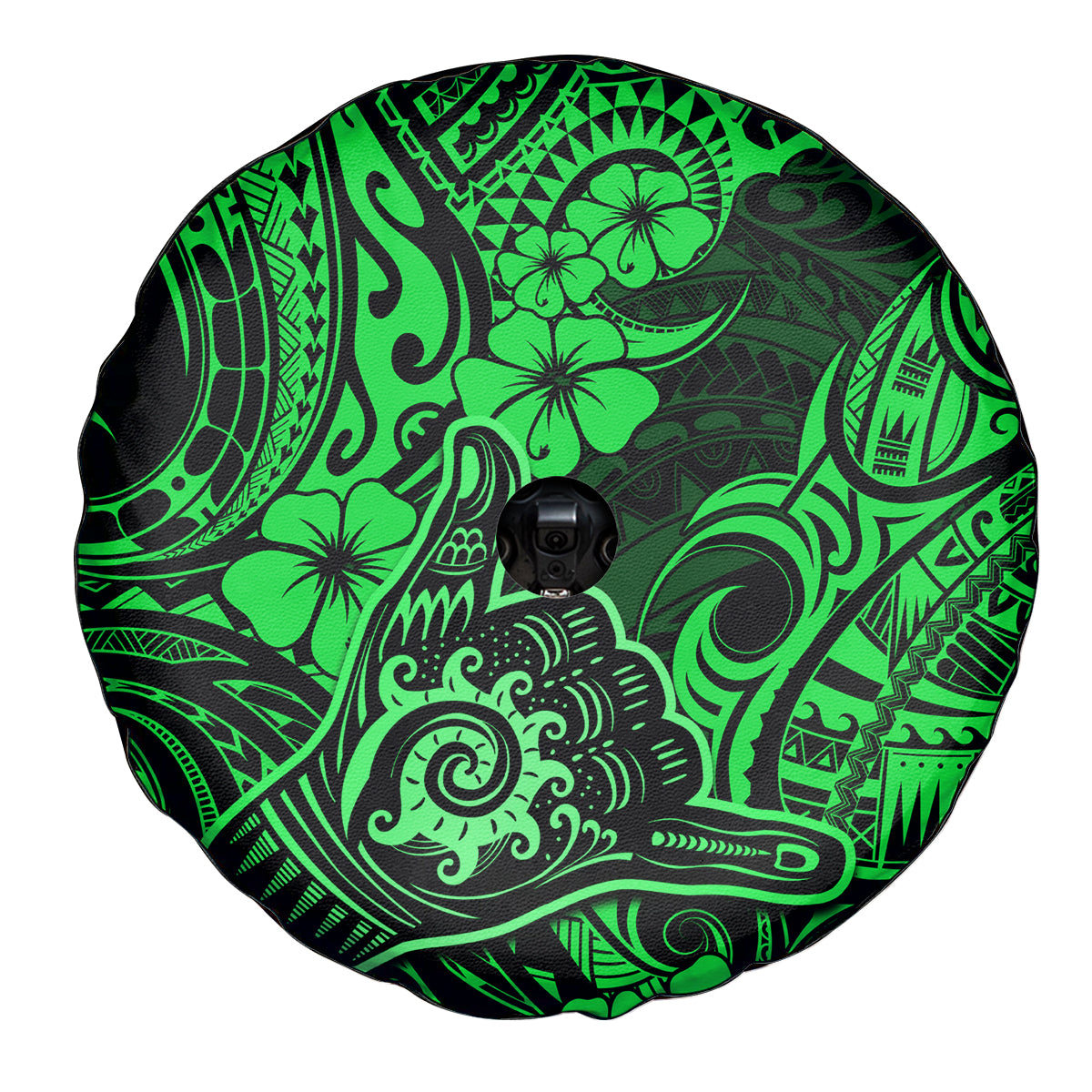Hawaii Shaka Sign Spare Tire Cover With Polynesian Hibiscus Green Unique - Wonder Print Shop