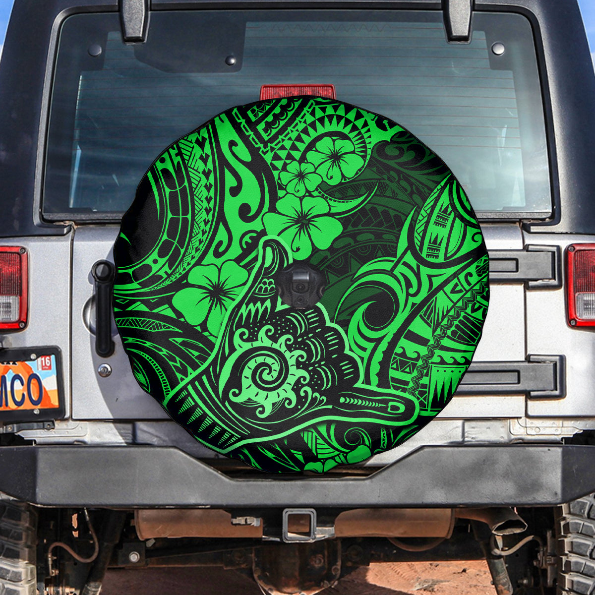 Hawaii Shaka Sign Spare Tire Cover With Polynesian Hibiscus Green Unique - Wonder Print Shop