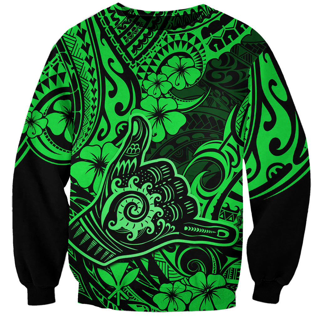 Hawaii Shaka Sign Sweatshirt With Polynesian Hibiscus Green Unique - Wonder Print Shop