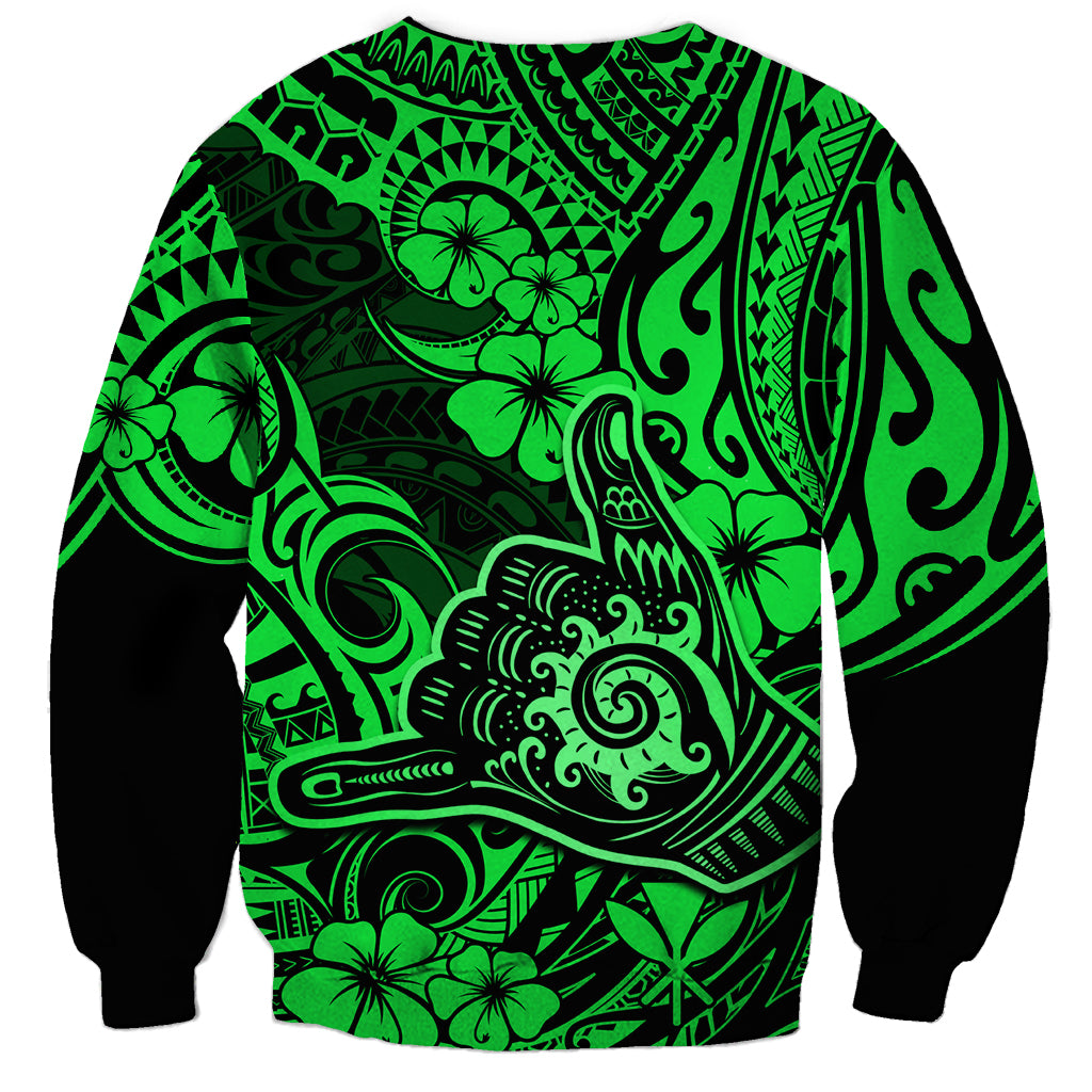 Hawaii Shaka Sign Sweatshirt With Polynesian Hibiscus Green Unique - Wonder Print Shop