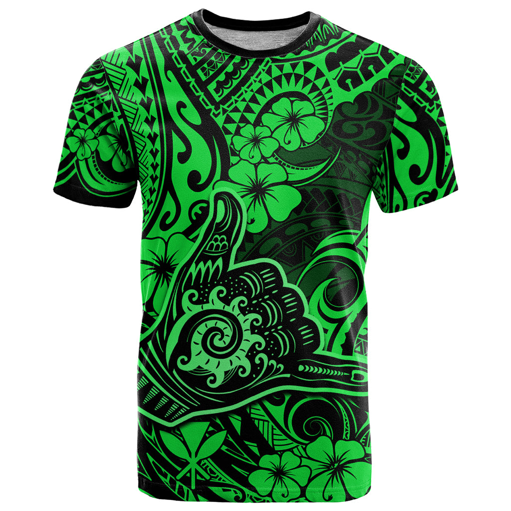 Hawaii Shaka Sign T Shirt With Polynesian Hibiscus Green Unique - Wonder Print Shop