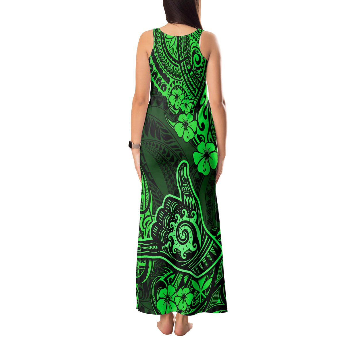 Hawaii Shaka Sign Tank Maxi Dress With Polynesian Hibiscus Green Unique - Wonder Print Shop
