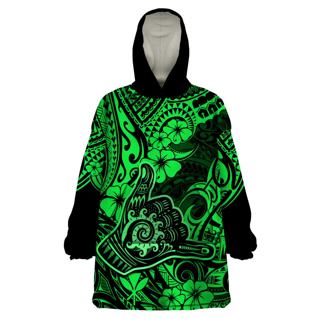 Hawaii Shaka Sign Wearable Blanket Hoodie With Polynesian Hibiscus Green Unique - Wonder Print Shop