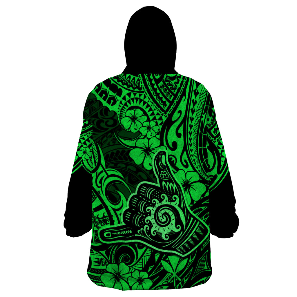 Hawaii Shaka Sign Wearable Blanket Hoodie With Polynesian Hibiscus Green Unique - Wonder Print Shop