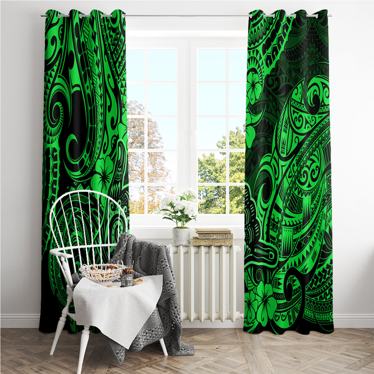 Hawaii Shaka Sign Window Curtain With Polynesian Hibiscus Green Unique - Wonder Print Shop