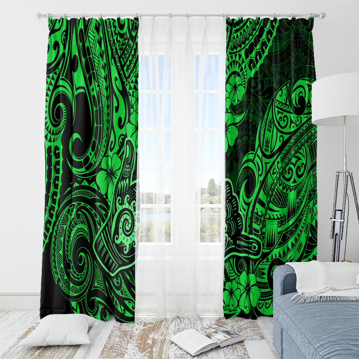 Hawaii Shaka Sign Window Curtain With Polynesian Hibiscus Green Unique - Wonder Print Shop