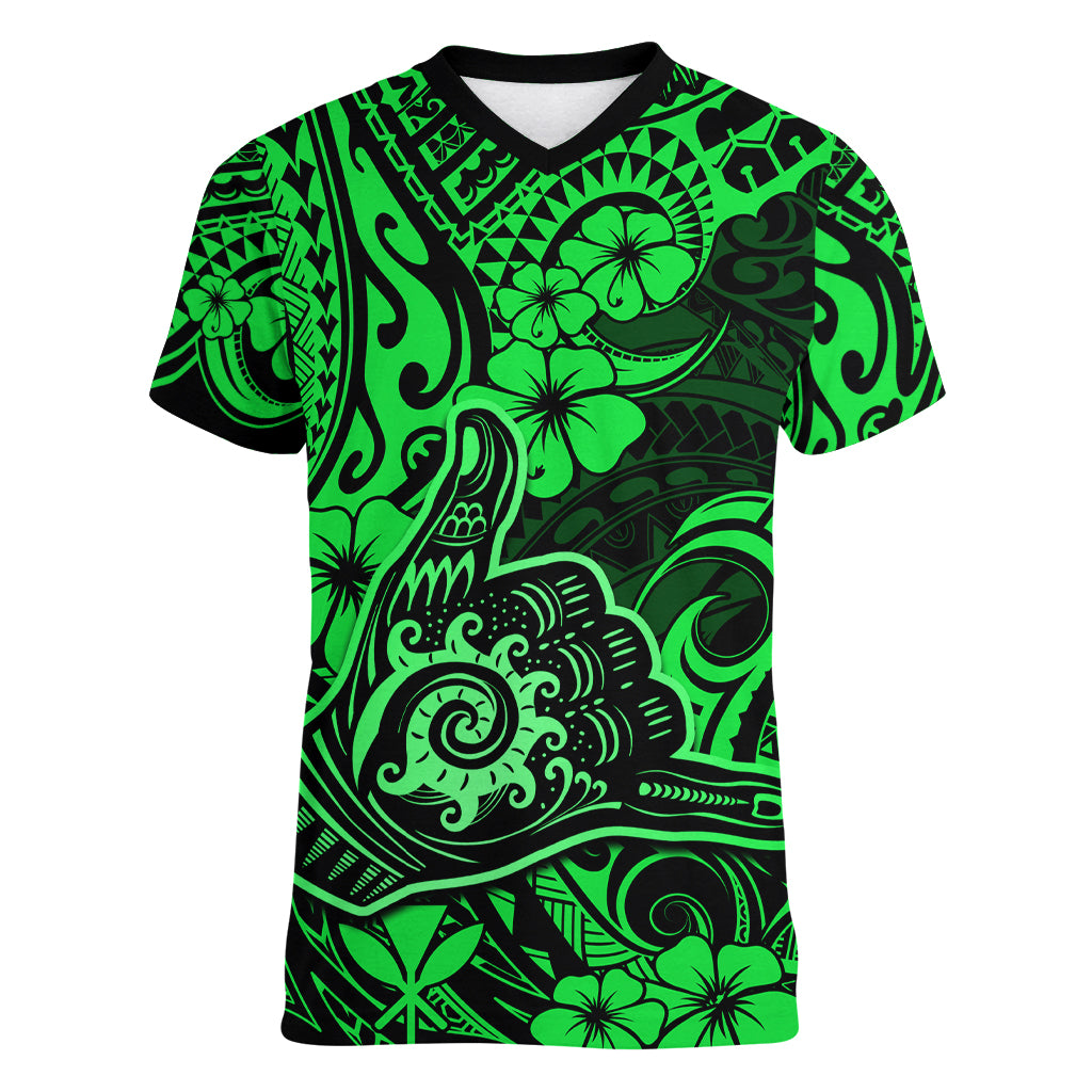 Hawaii Shaka Sign Women V Neck T Shirt With Polynesian Hibiscus Green Unique - Wonder Print Shop