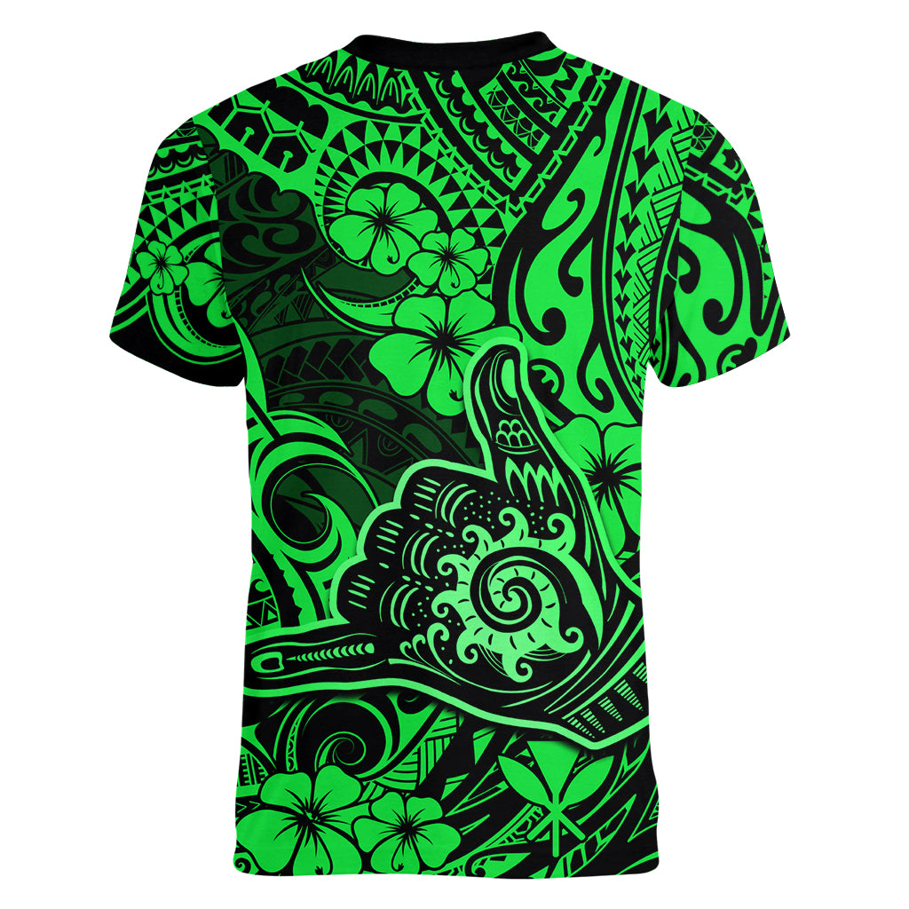 Hawaii Shaka Sign Women V Neck T Shirt With Polynesian Hibiscus Green Unique - Wonder Print Shop