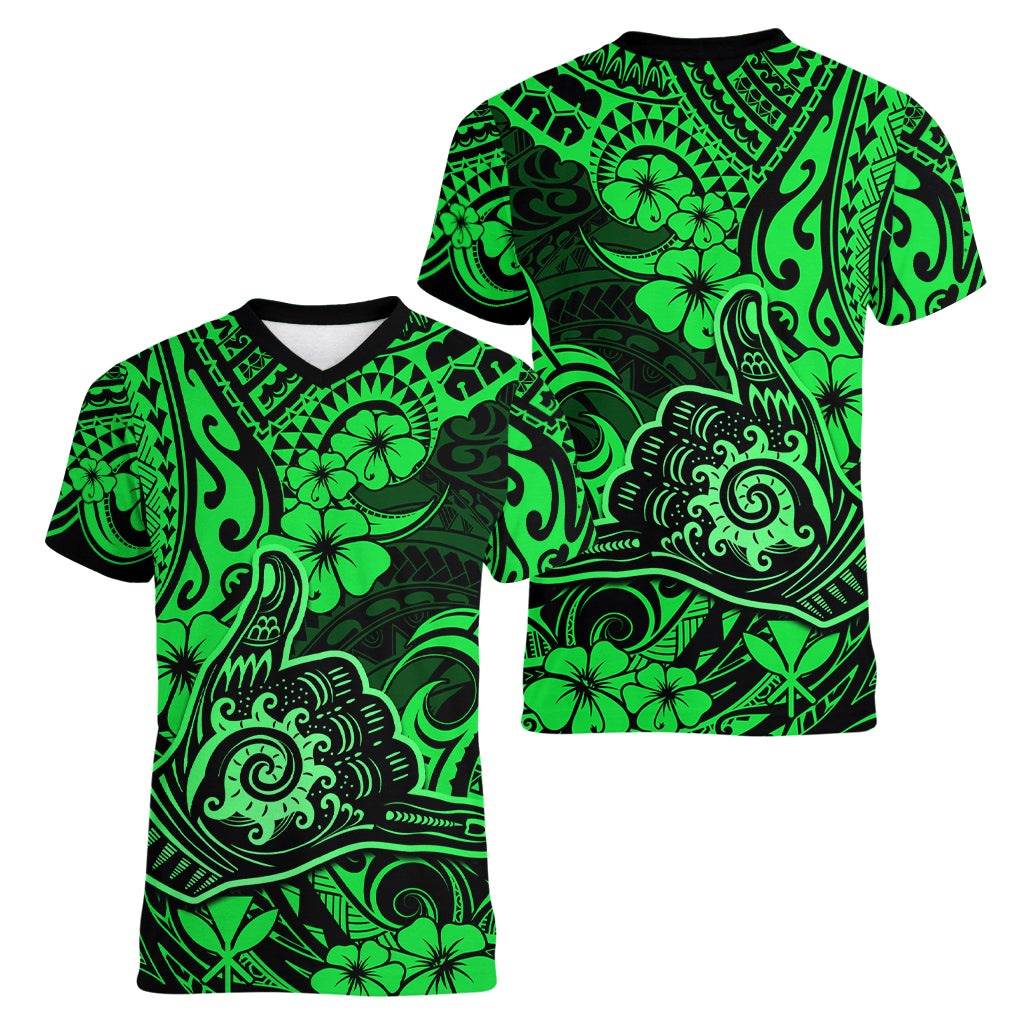 Hawaii Shaka Sign Women V Neck T Shirt With Polynesian Hibiscus Green Unique - Wonder Print Shop