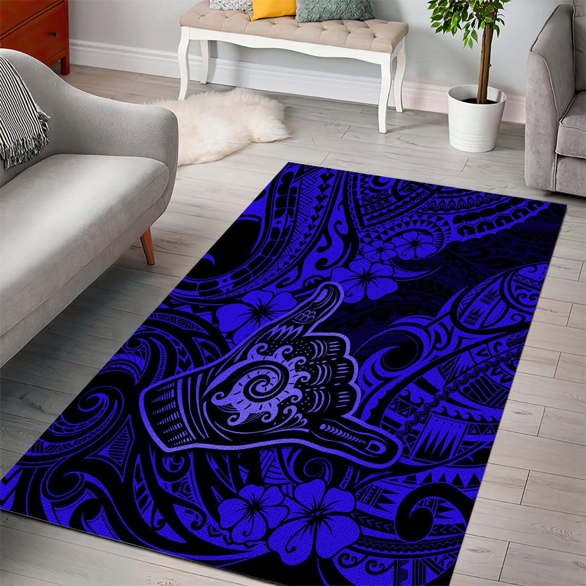 Hawaii Shaka Sign Area Rug With Polynesian Hibiscus Navy Blue Unique - Wonder Print Shop