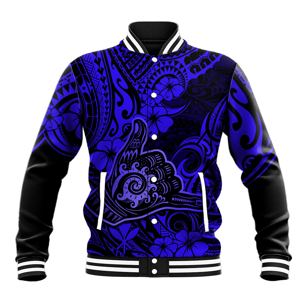Hawaii Shaka Sign Baseball Jacket With Polynesian Hibiscus Navy Blue Unique - Wonder Print Shop