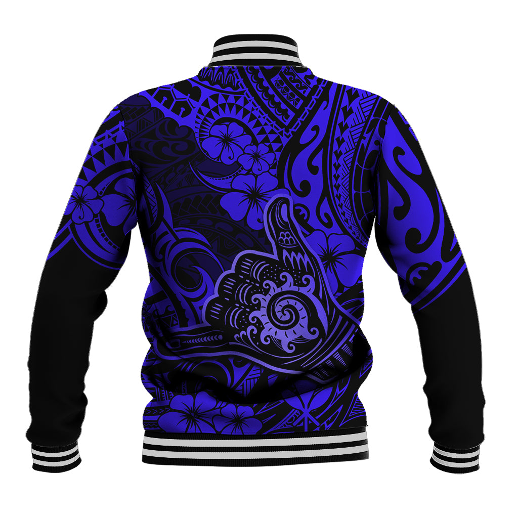 Hawaii Shaka Sign Baseball Jacket With Polynesian Hibiscus Navy Blue Unique - Wonder Print Shop