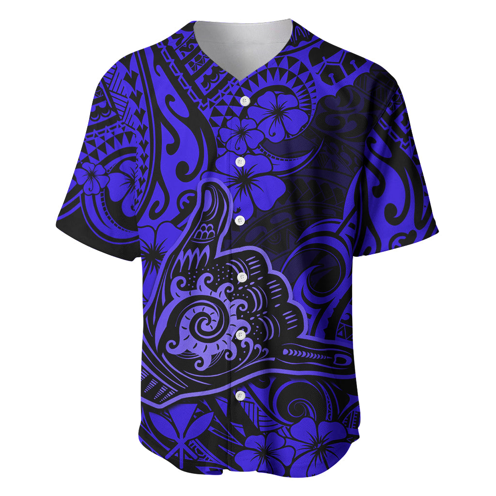 Hawaii Shaka Sign Baseball Jersey With Polynesian Hibiscus Navy Blue Unique - Wonder Print Shop