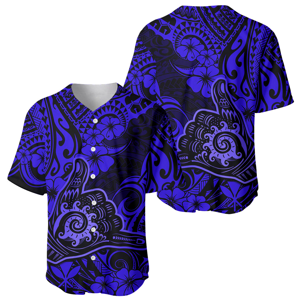 Hawaii Shaka Sign Baseball Jersey With Polynesian Hibiscus Navy Blue Unique - Wonder Print Shop