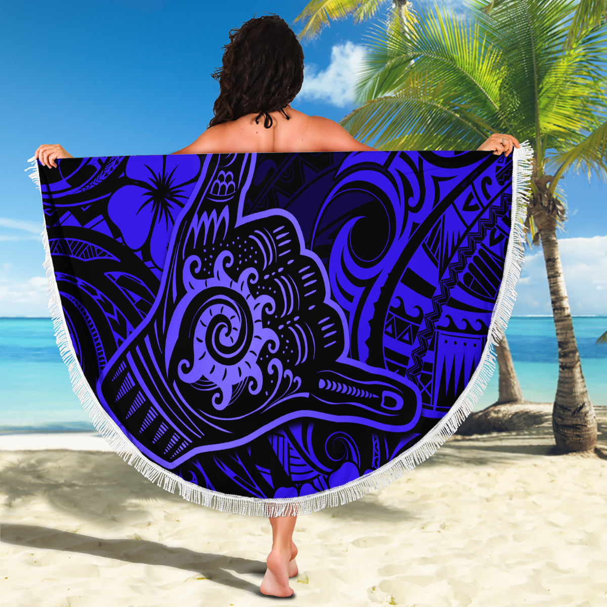Hawaii Shaka Sign Beach Blanket With Polynesian Hibiscus Navy Blue Unique - Wonder Print Shop