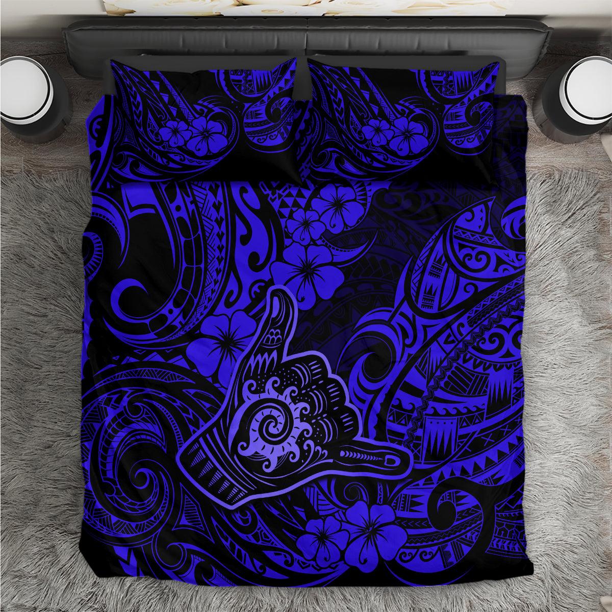 Hawaii Shaka Sign Bedding Set With Polynesian Hibiscus Navy Blue Unique - Wonder Print Shop