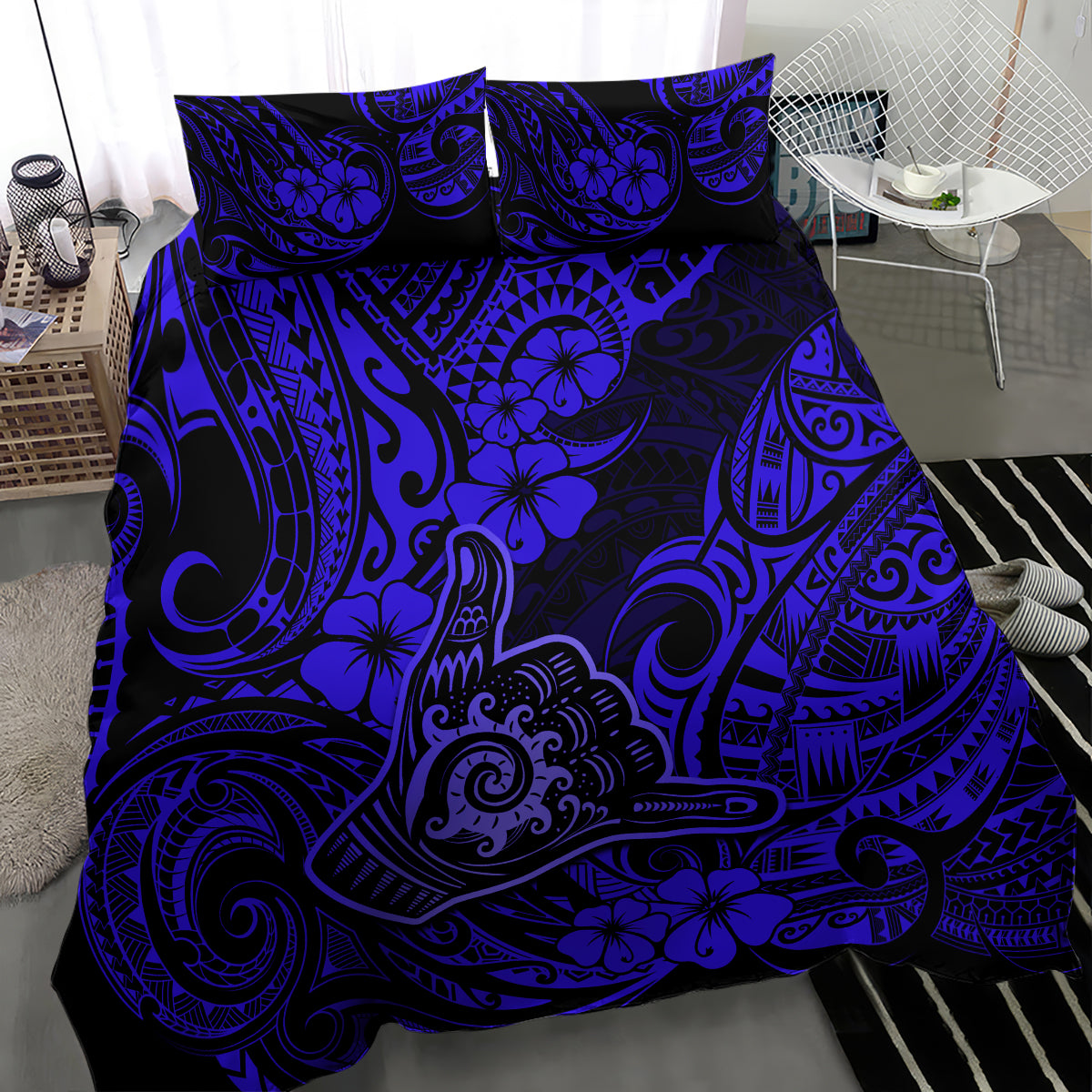 Hawaii Shaka Sign Bedding Set With Polynesian Hibiscus Navy Blue Unique - Wonder Print Shop