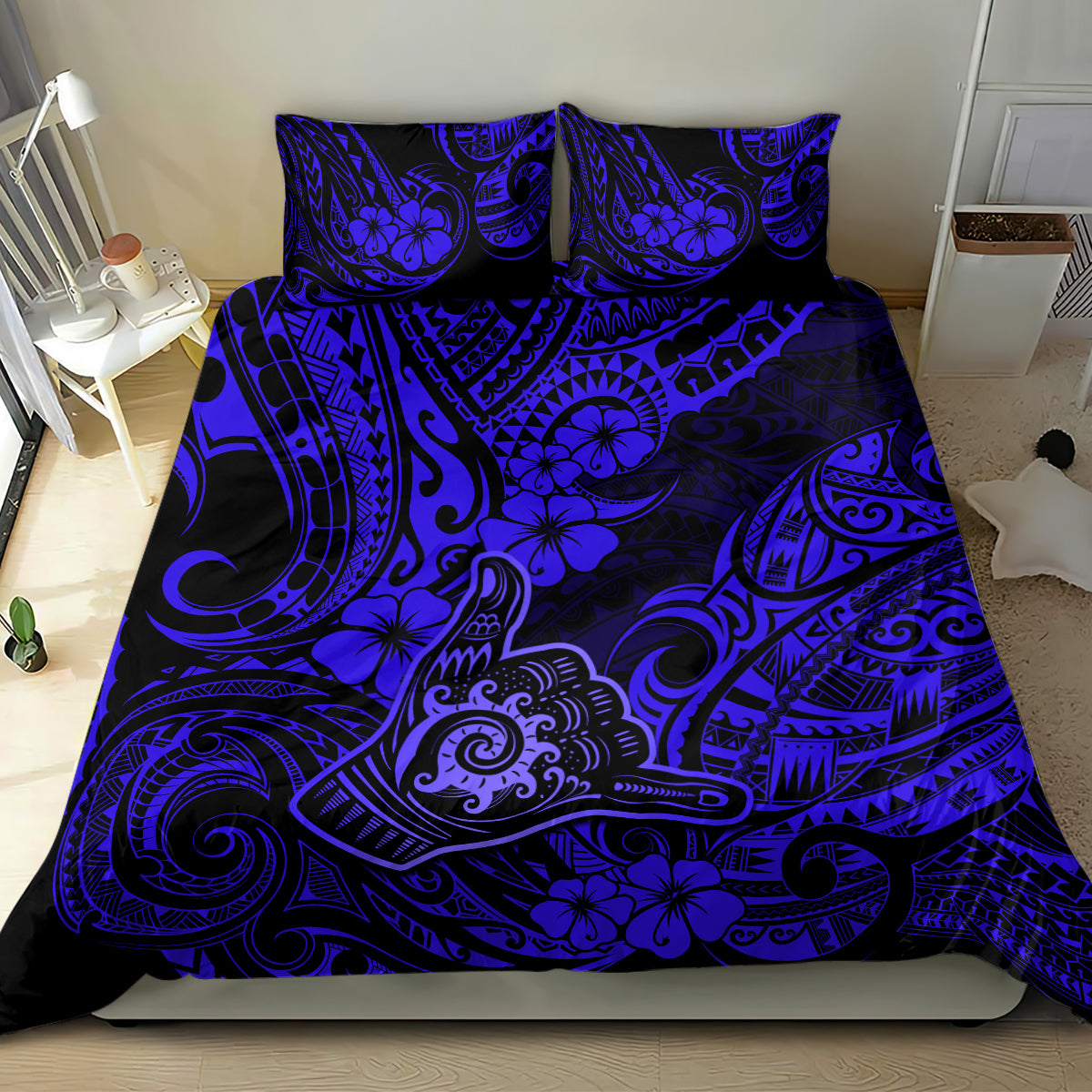 Hawaii Shaka Sign Bedding Set With Polynesian Hibiscus Navy Blue Unique - Wonder Print Shop