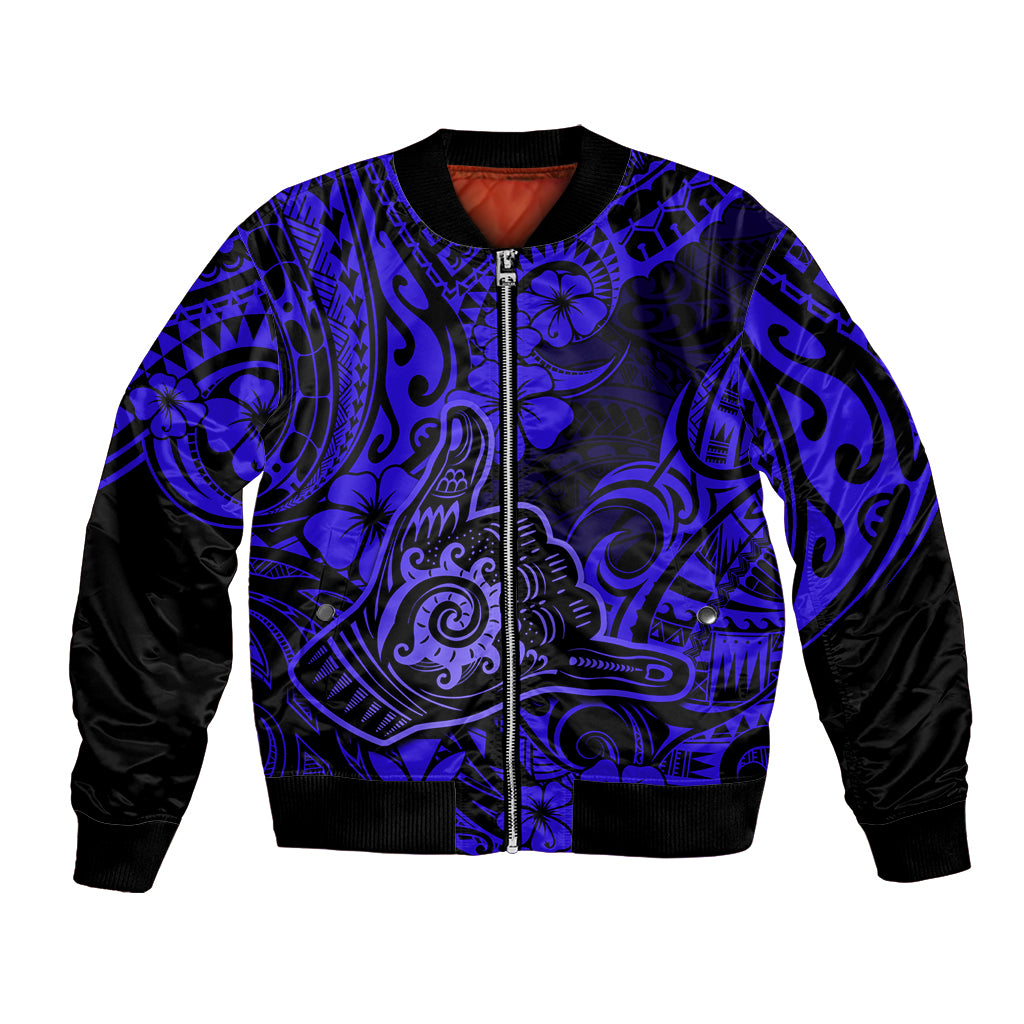 Hawaii Shaka Sign Bomber Jacket With Polynesian Hibiscus Navy Blue Unique - Wonder Print Shop
