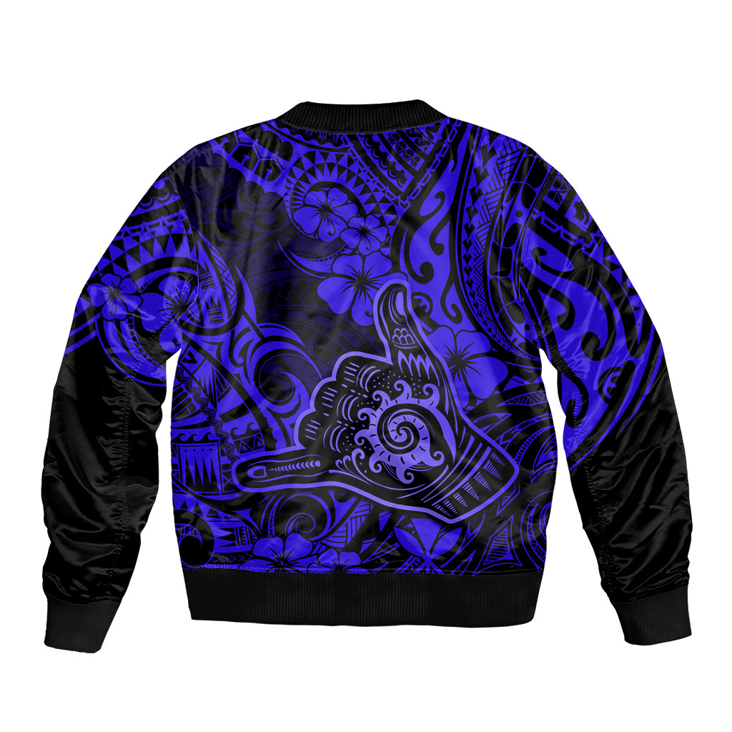 Hawaii Shaka Sign Bomber Jacket With Polynesian Hibiscus Navy Blue Unique - Wonder Print Shop