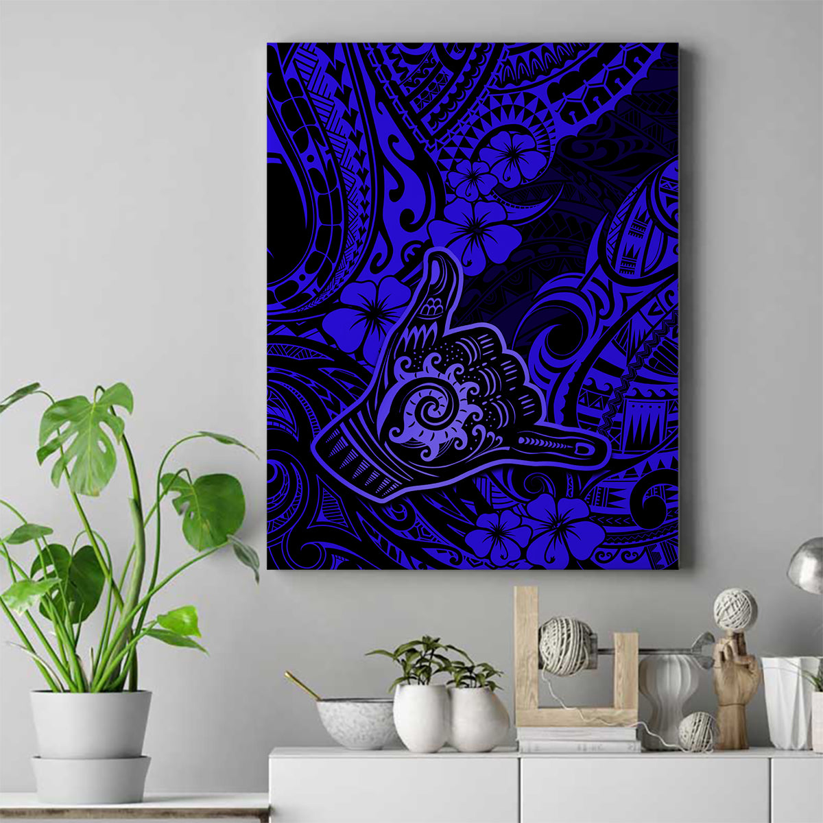 Hawaii Shaka Sign Canvas Wall Art With Polynesian Hibiscus Navy Blue Unique - Wonder Print Shop