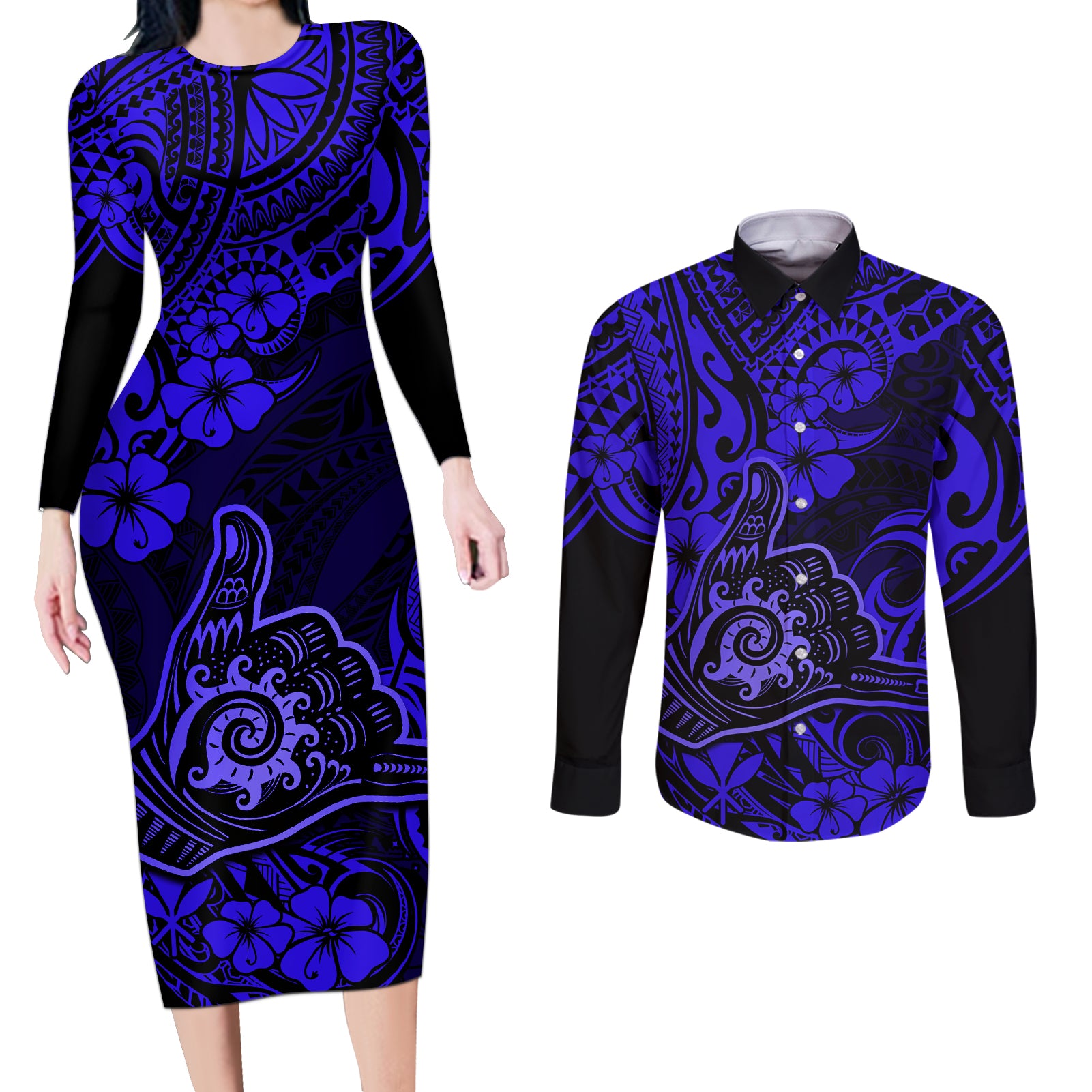Hawaii Shaka Sign Couples Matching Long Sleeve Bodycon Dress and Long Sleeve Button Shirts With Polynesian Hibiscus Navy Blue Unique - Wonder Print Shop