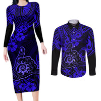 Hawaii Shaka Sign Couples Matching Long Sleeve Bodycon Dress and Long Sleeve Button Shirts With Polynesian Hibiscus Navy Blue Unique - Wonder Print Shop