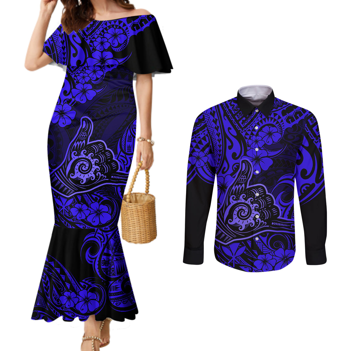hawaii-shaka-sign-couples-matching-mermaid-dress-and-long-sleeve-button-shirts-with-polynesian-hibiscus-navy-blue-unique