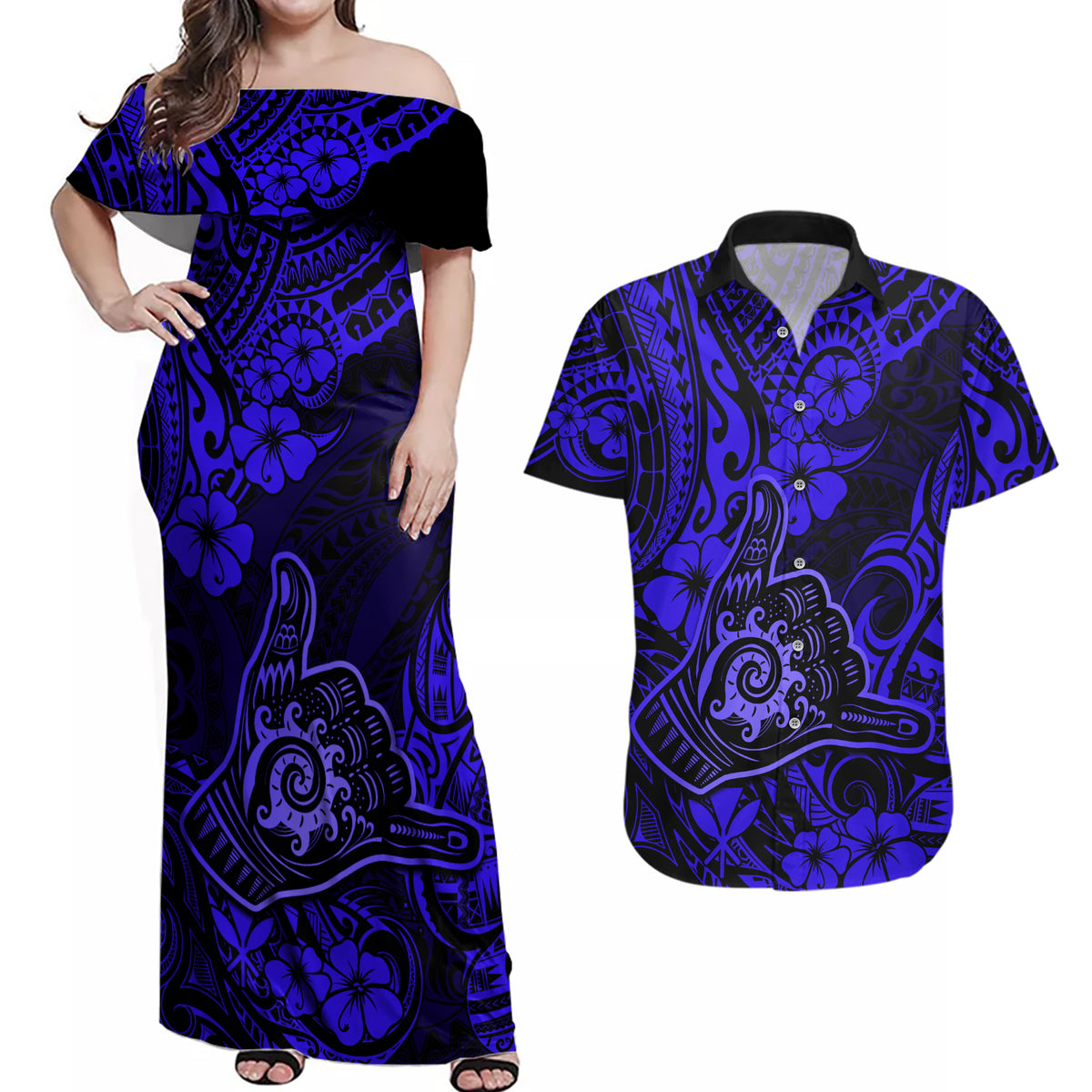 Hawaii Shaka Sign Couples Matching Off Shoulder Maxi Dress and Hawaiian Shirt With Polynesian Hibiscus Navy Blue Unique - Wonder Print Shop