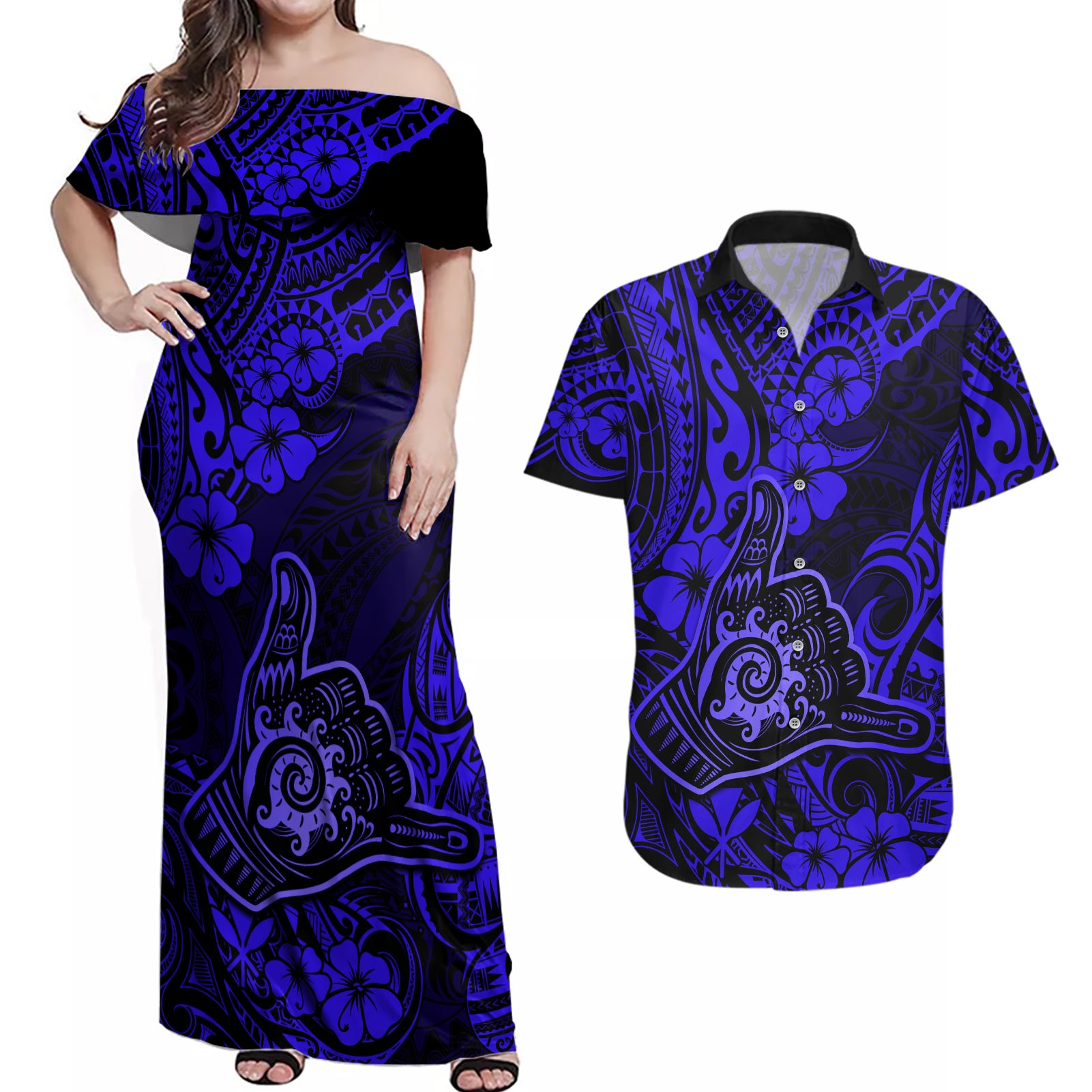 Hawaii Shaka Sign Couples Matching Off Shoulder Maxi Dress and Hawaiian Shirt With Polynesian Hibiscus Navy Blue Unique - Wonder Print Shop