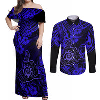 Hawaii Shaka Sign Couples Matching Off Shoulder Maxi Dress and Long Sleeve Button Shirts With Polynesian Hibiscus Navy Blue Unique - Wonder Print Shop