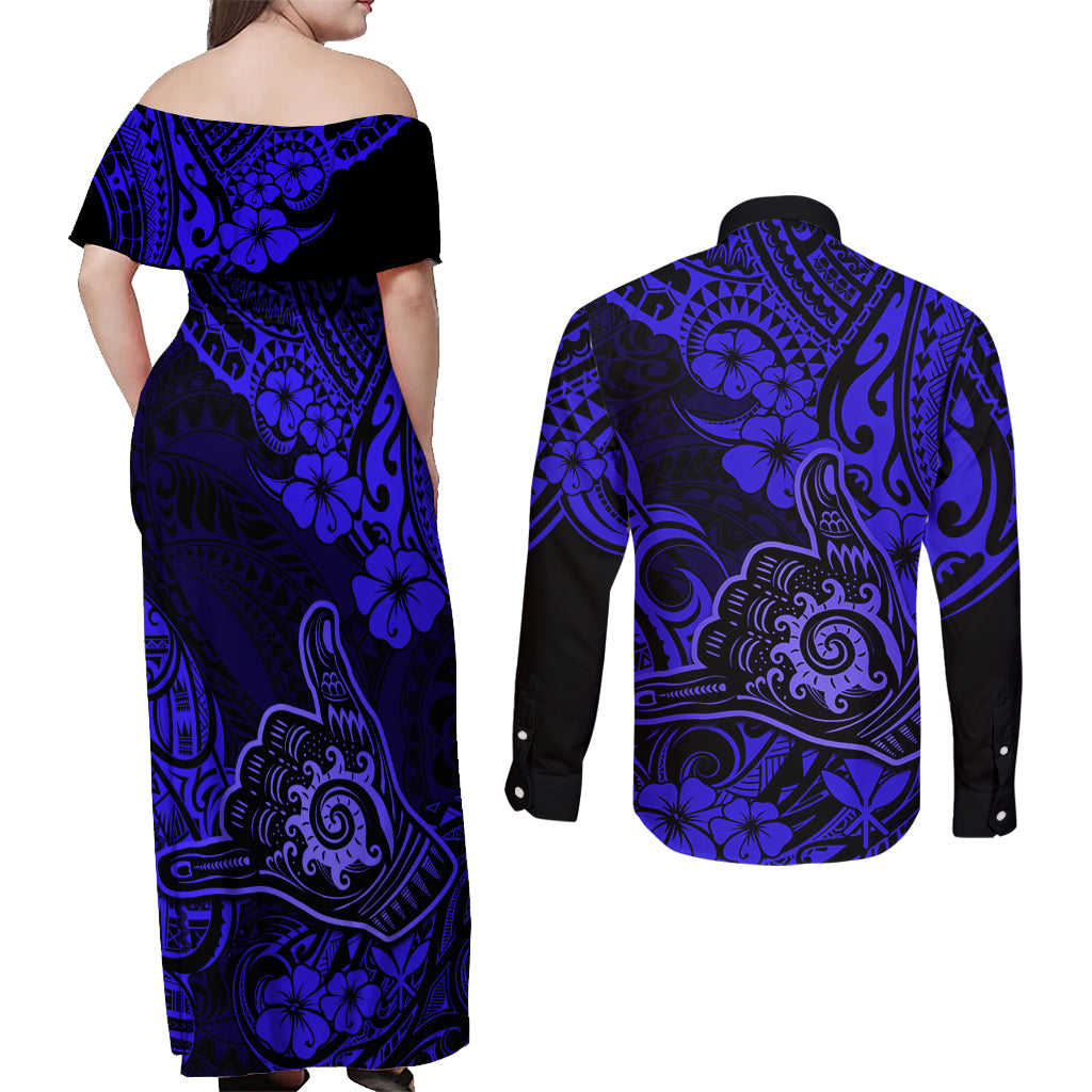 Hawaii Shaka Sign Couples Matching Off Shoulder Maxi Dress and Long Sleeve Button Shirts With Polynesian Hibiscus Navy Blue Unique - Wonder Print Shop