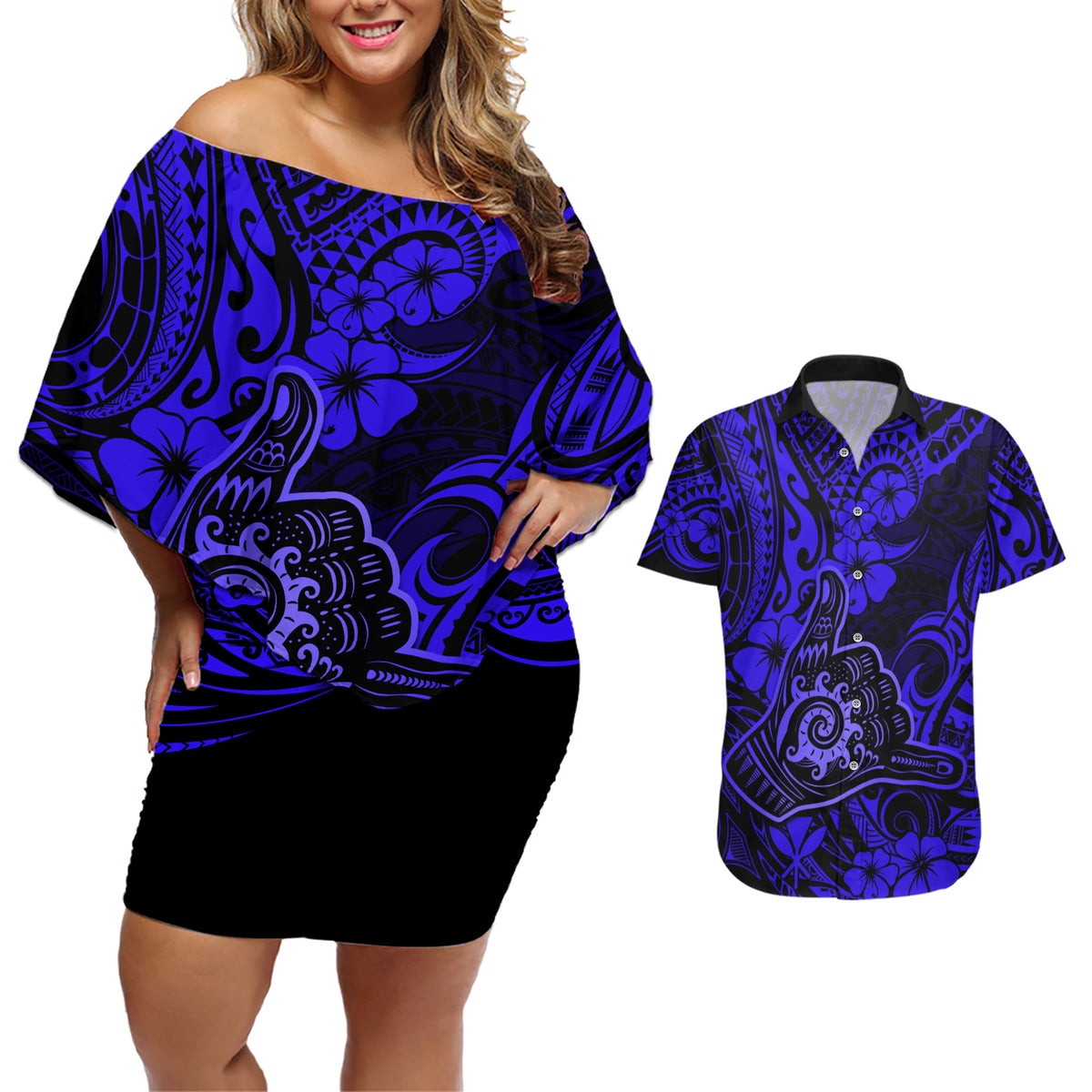 Hawaii Shaka Sign Couples Matching Off Shoulder Short Dress and Hawaiian Shirt With Polynesian Hibiscus Navy Blue Unique - Wonder Print Shop