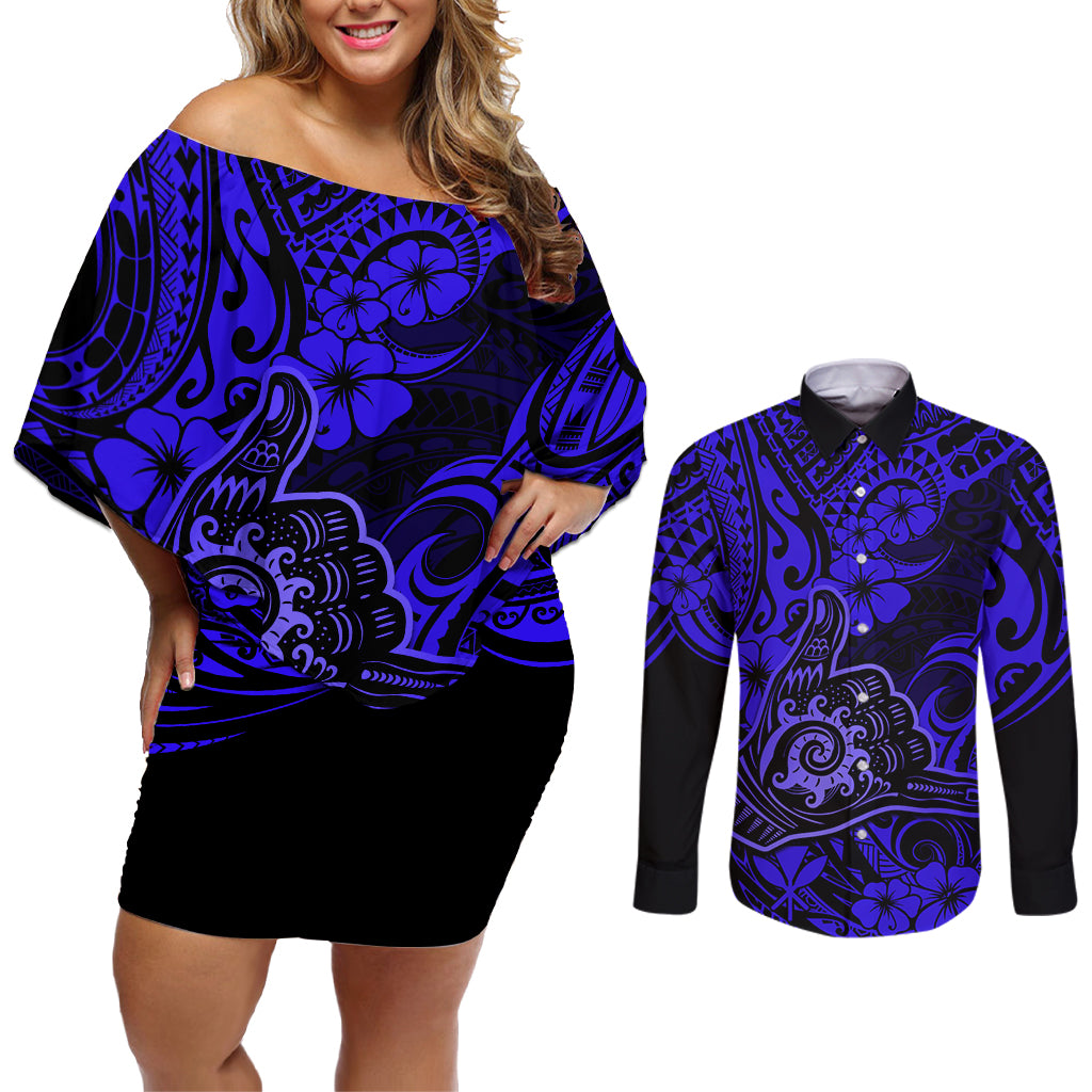 Hawaii Shaka Sign Couples Matching Off Shoulder Short Dress and Long Sleeve Button Shirts With Polynesian Hibiscus Navy Blue Unique - Wonder Print Shop