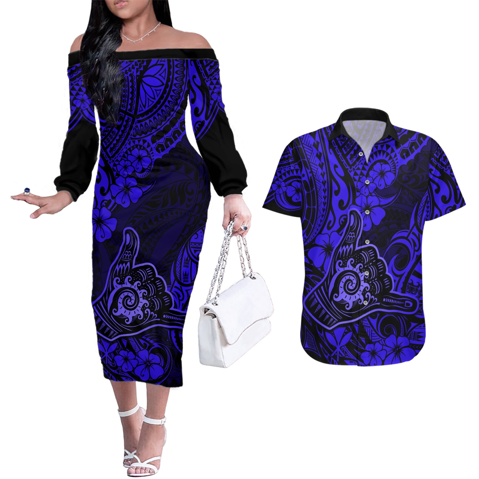 Hawaii Shaka Sign Couples Matching Off The Shoulder Long Sleeve Dress and Hawaiian Shirt With Polynesian Hibiscus Navy Blue Unique - Wonder Print Shop