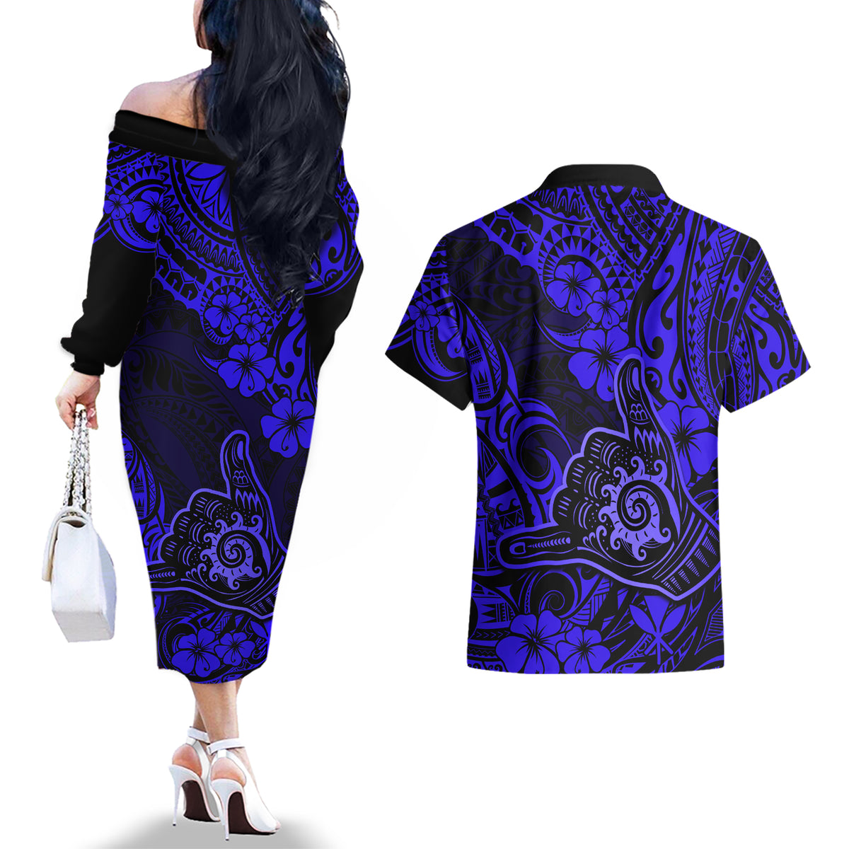 Hawaii Shaka Sign Couples Matching Off The Shoulder Long Sleeve Dress and Hawaiian Shirt With Polynesian Hibiscus Navy Blue Unique - Wonder Print Shop